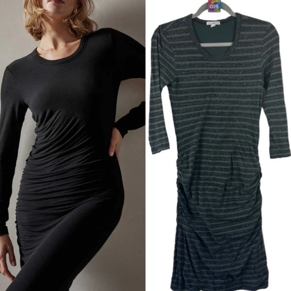 STANDARD JAMES PERSE SHORELINE RUCHED DRESS Gray & Green Striped Long Sleeve 2 M - Picture 1 of 11